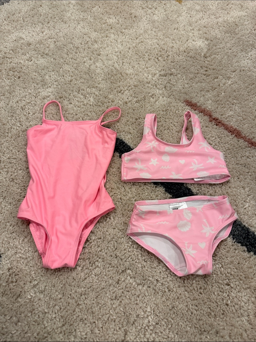 H&M set of 2 Girls Pink Swimsuit Set - Solid One-Piece & Shell Print Two-Piece